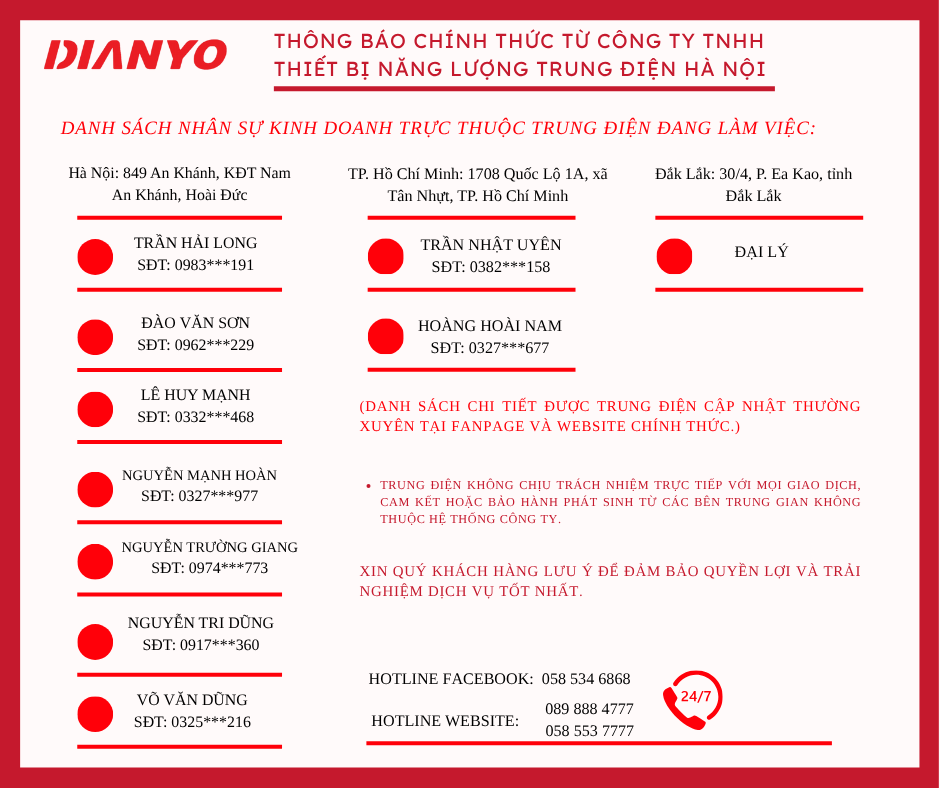 THÔNG BÁO CHÍNH THỨC TỪ CÔNG TY TNHH THIẾT BỊ  NĂNG LƯỢNG TRUNG ĐIỆN HÀ NỘI